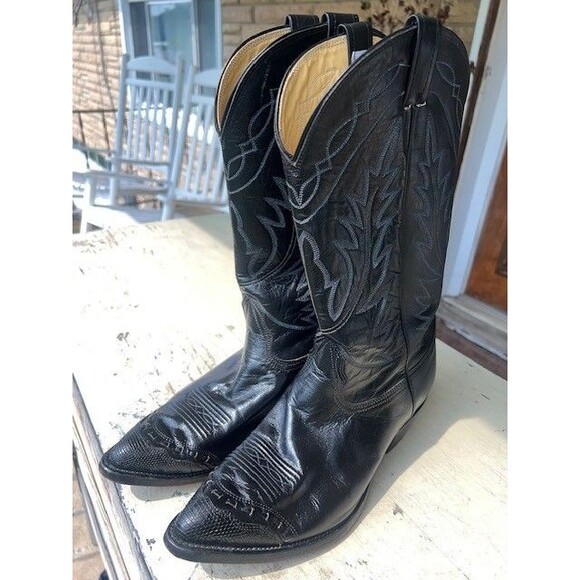 Nocona Vtg Black Premium Leather Cowboy Boots w/lizardskin Wingtips Mn’s Sz 10.5 main image 4